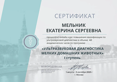 Ультразвуковая диагностика мелких домашних животных I ступень. 01 августа-03 сентября 2023г.