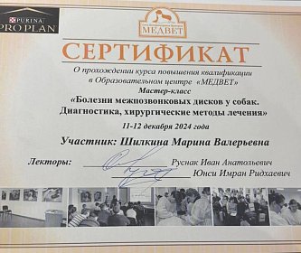 Болезни межпозвонковых дисков у собак. Диагностика, хирургические методы лечение. 11-12 декабря 2024г.