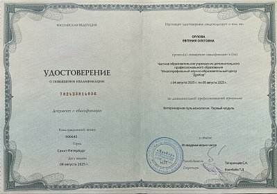Ветеринарная пульмонология. Первый модуль. 08 августа 2025г.
